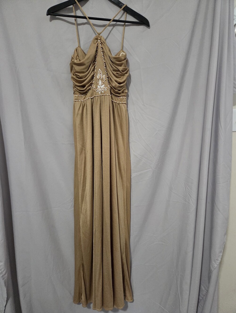 Vintage Gold Evening Halter Maxi Dress with Embellished Bodice